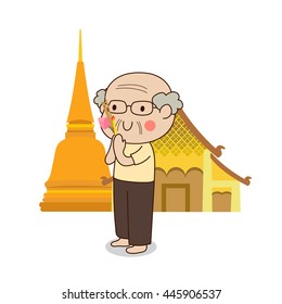 Buddhist elderly man walking with lighted candles in hand around a temple to pay respect to the Triple Refuges on white background.
