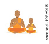 Buddhist father and his little son meditating in lotus position. Religious family. Man and boy in national costumes. Cartoon people characters. Flat vector design