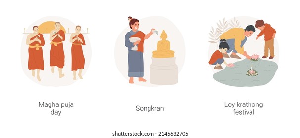 Buddhist festivals isolated cartoon vector illustration set. Buddhist people celebrating Magha puja day together, Songkran religious holiday, Loy krathong festival, spirituality vector cartoon.
