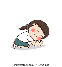 Buddhist girl prostrates herself to worship Buddha isolated on white background.