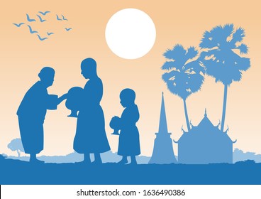 buddhist give food offering to a monk or ask as a favour receive food or ask for alms,routine of monk,vector illustration