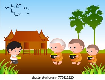 Buddhist give food offering to a monk or ask as a favor receive food or ask for alms,routine of monk,vector illustration