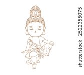 Buddhist Guanyin Bodhisattva moon cute illustration outline line. Translation: Cute illustration of the Buddhist Guanyin Bodhisattva.