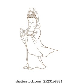 Buddhist Guanyin Bodhisattva moon cute illustration outline line. Translation: Cute illustration of the Buddhist Guanyin Bodhisattva.