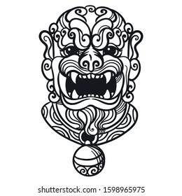 Buddhist guardian lion. Vector hand drawn illustration on white background