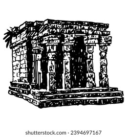 Buddhist Gupta Temple No.17 at Sanchi, India. Hand drawn linear doodle rough sketch. Black and white silhouette.