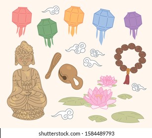 Buddhist handwriting vector illustration. Buddha statues, wooden table, beads, lotus, clouds, paper lantern.