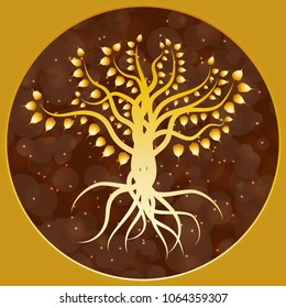 Buddhist holiday - Vesak. The concept of the event. Golden Bodhi Tree on a brown blur background in a circle. Ficus religiosa