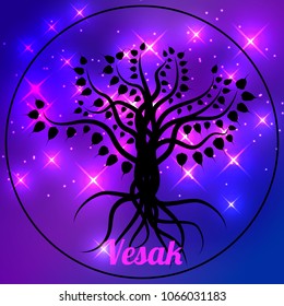 Buddhist holiday - Vesak. The concept of the event. Black Bodhi Tree on a space background in a circle. Ficus religiosa