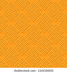 Buddhist infinite node, has no beginning and no end. One of the eight favorable symbols of Tibetan Buddhism. Vector pattern on a yellow background