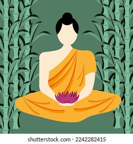 Buddhist in the kashaya in the lotus position in bamboo forest. Indian religion. Website banner concept.