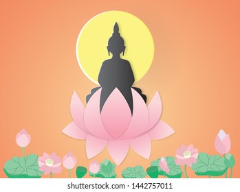 Buddhist lent day with Buddha sitting in a big lotus ,vector illustration paper art style.