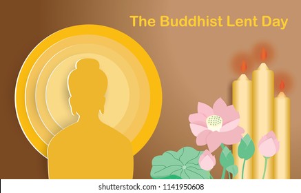 Buddhist lent day with lotus  and three yellow candles,vector illustration.