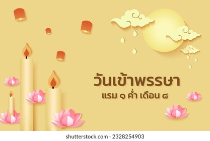 Buddhist Lent Day in Thai Language it mean “Buddhist Lent Day”. Serene background with Lotus and Candle. 3D paper cut concept. Vector illustration.