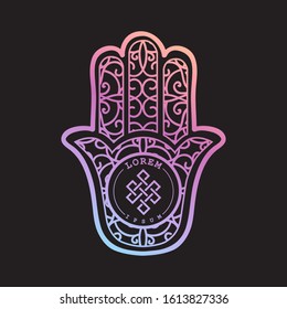 Buddhist life knot symbol inside decorative colorful hand, vector