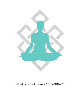 Buddhist life path symbol and human figure practicing yoga, vector 