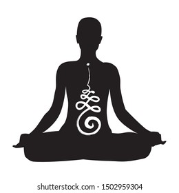 Buddhist Life Path Symbol Inside Human Figure Practicing Yoga, Vector