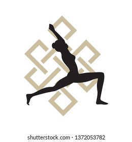 Buddhist life path symbol and woman practicing yoga, vector 