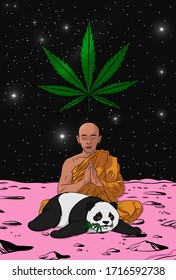 Buddhist meditation with lazy panda in the other side planet
