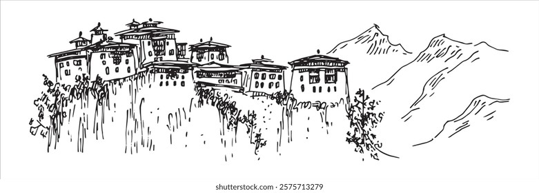 buddhist monastery on cliff in mountains hand-drawn sketch doodle