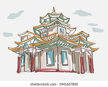 Buddhist monastery temple sketch vector. Temple hand drawn illustration.