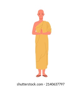 Buddhist Monk From Asian Temple Standing In Praying Pose Vector Illustration. Cartoon Bald Male Prayer Character Meditating, Thai Cute Guy In Monks Robe Isolated On White. Buddhism, Zen Concept