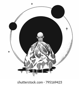 A Buddhist monk. Black and white illustration.