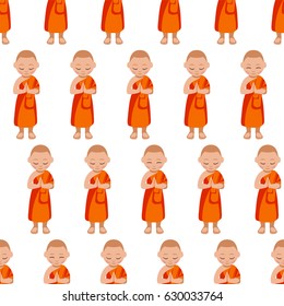 Buddhist monk boy praying. Seamless vector pattern