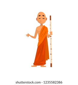 Buddhist monk cartoon character in orange robe standing with wooden stick vector Illustration on a white background