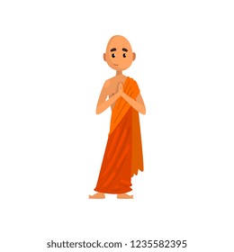 Buddhist monk cartoon character praying in orange robe vector Illustration on a white background