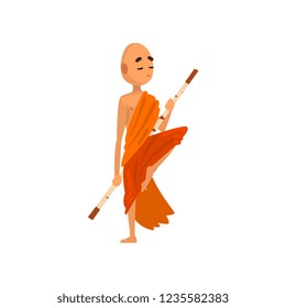 Buddhist monk cartoon character training with wooden stick in orange robe vector Illustration on a white background