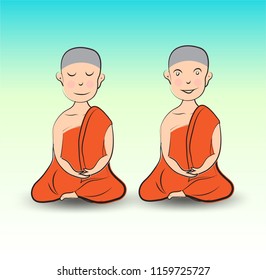 Buddhist Monk cartoon vector illustration, hand-drawn Buddhism Religion. Novices are meditating.