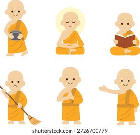 Budista Monge Conjunto de Personagens Estilo Plano bonito.Coleção de Jovens Monge Mascotes em Saffron Robes Zen Lifestyle.Emoji Conjunto Meditação, Oração, e Atividades Diárias