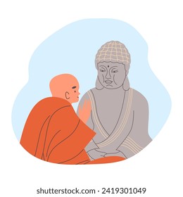 Buddhist monk or cleric praying in front of a Buddha statue. Buddhism religious rite and prayer, flat vector illustration isolated on white background.