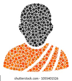 Buddhist Monk collage of circle dots in variable sizes and color hues. Circle dots are grouped into buddhist monk vector composition. Vector illustration.