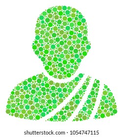 Buddhist Monk collage of dots in different sizes and green shades. Vector circle elements are combined into buddhist monk illustration. Ecology vector illustration.