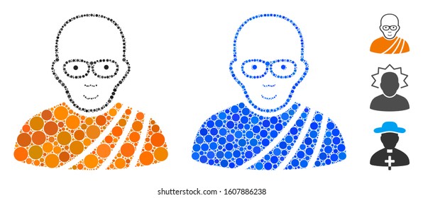Buddhist monk composition of filled circles in variable sizes and color hues, based on buddhist monk icon. Vector filled circles are united into blue illustration.