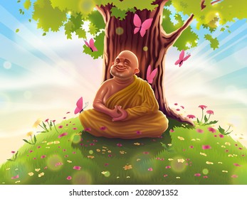 Buddhist monk in deep Samadhi meditation in yellow clothes sits under the bodhi tree. Yogi Buddha in concentration on retreat, enlightened teacher, relaxation in nature.