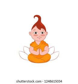 Buddhist monk girl in praying posture illustration with lotus on background. Flat vector character icon. Cartoon people lifestyle