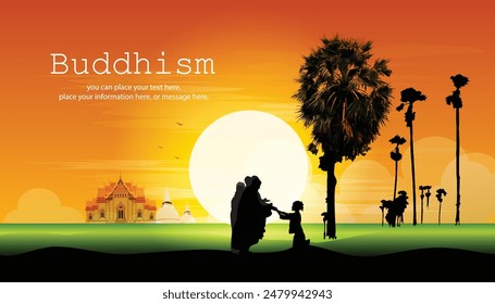 Buddhist monk with good spiritual going about with alms bowl to receive food from people in morning green rice vector illustration background - Magha Puja, Asanha Puja, Vesak Puja Day