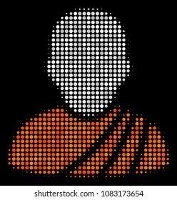 Buddhist monk halftone vector icon. Illustration style is dot iconic buddhist monk symbol on a black background. Halftone texture is created with circle spots.