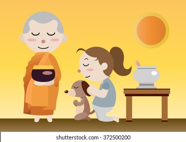 buddhist monk hold a bowl to receive meal from woman and dog