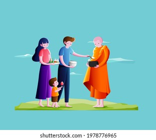 Buddhist monk holding alms bowl to receive food offering from couple and little boy in the morning-Make merit concept.