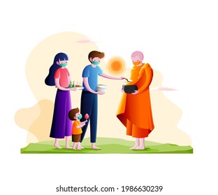 Buddhist monk holding alms bowl to receive food offering from couple and little boy in the morning-Make merit concept.