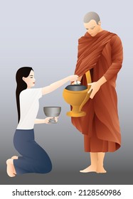 Buddhist monk holding alms bowl in his hands to receive food offering from woman. Graphic vector