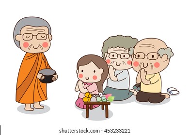 Buddhist monk holding buddhist alms bowl in his hands to receive food offering from sitting girl and sitting elderly couple.