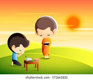 Buddhist monk holding alms bowl in his hands to receive food offering from sitting man in the morning-Make merit concept.