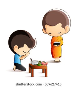 Buddhist monk holding alms bowl in his hands to receive food offering from sitting man isolated on white background