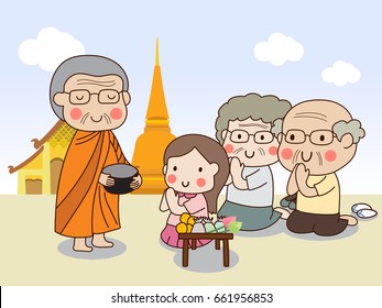 Buddhist monk holding alms bowl in his hands to receive food offering from sitting girl and sitting elderly couple with temple background.