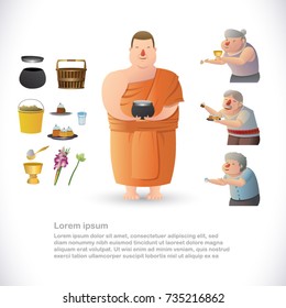 Buddhist monk holding alms bowl. Thailand buddhist offering objects set. Traditional culture. Old people give the offering dedicated to the monk. Character design, Vector illustration.